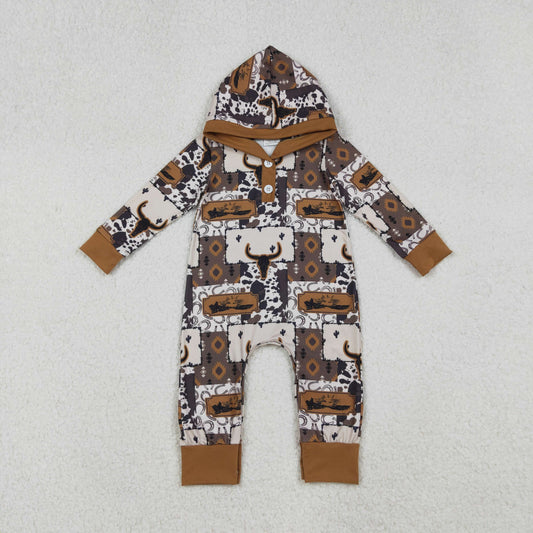 LR2592 Baby Boys Brown Aztec Bull Skulls Western Button Hoodie Footie Rompers  D 918