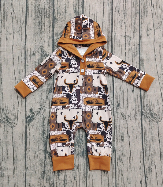 presale LR2592 Baby Boys Brown Aztec Bull Skulls Western Button Hoodie Footie Rompers  D 918