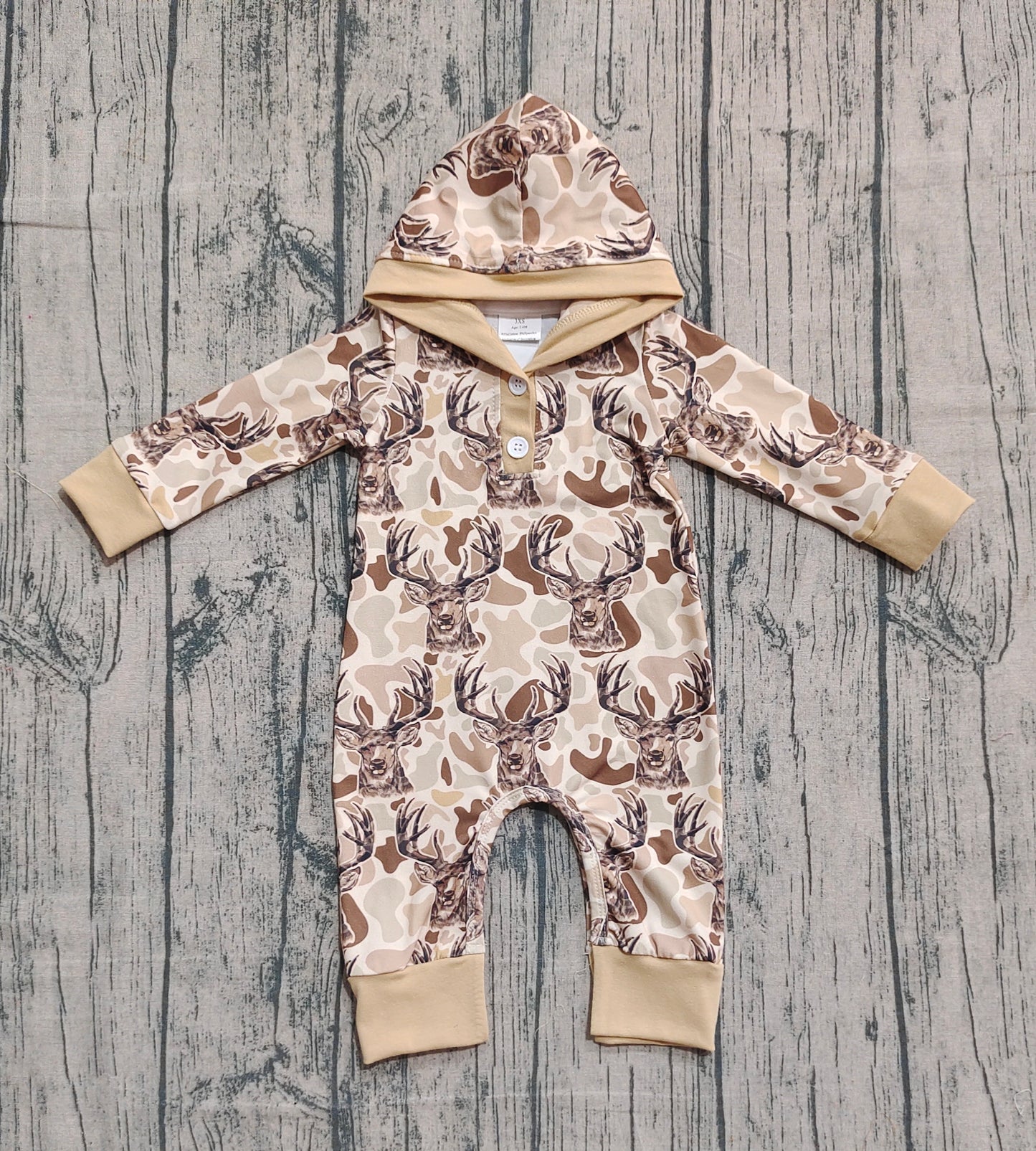 presale LR2593  Baby Boys Khaki Camo Deer Western Button Hoodie Footie Rompers D 918