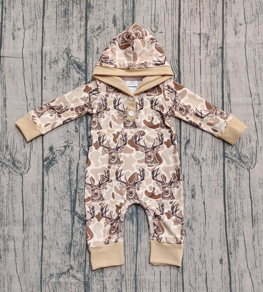 presale LR2593 Baby Boys Khaki Camo Deer Western Button Hoodie Footie Rompers D 918