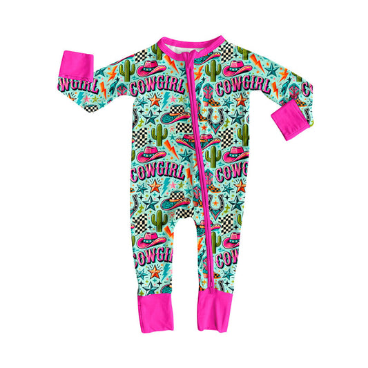 presale LR2596  Baby Girls Hats Cactus Plaid Western Zipper Footie Rompers D 830