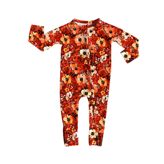 presale LR2603  Baby Girls Orange Floral Fall Zipper Footie Rompers D 902