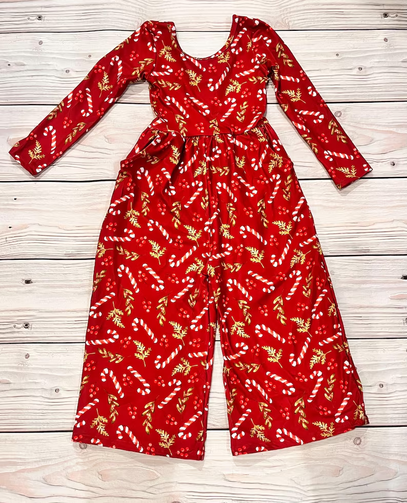 presale LR2609 Baby Girls Red Candy Cane Holly Pockets Christmas Flame Jumpsuits  D 902
