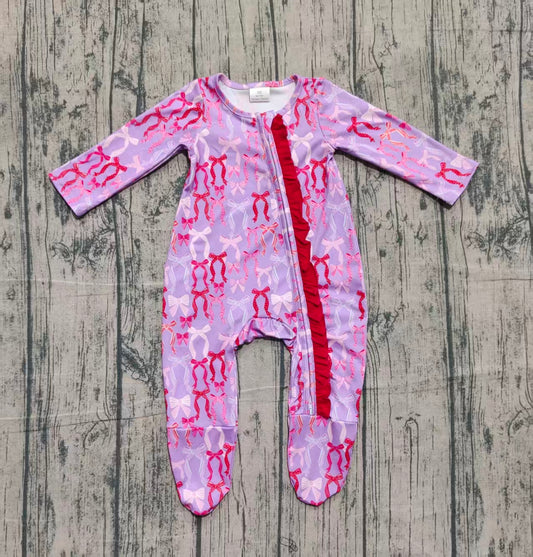 presale LR2610 Baby Girls Bows Plaid Zipper Footed Rompers D 1009