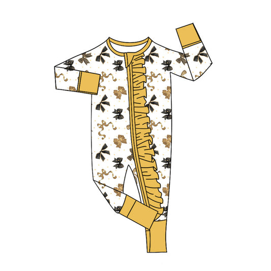 presale LR2619 Baby Girls Black Gold Bows Zipper Footie Rompers D 905