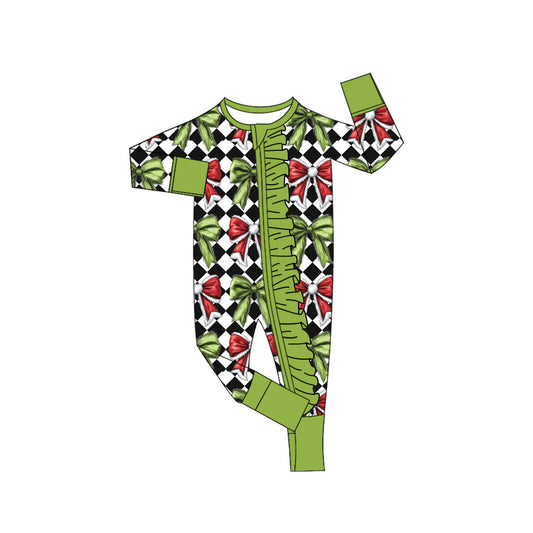 presale LR2622 Baby Girls Black Checked Green Red Bows Christmas Zipper Footie Rompers D 906