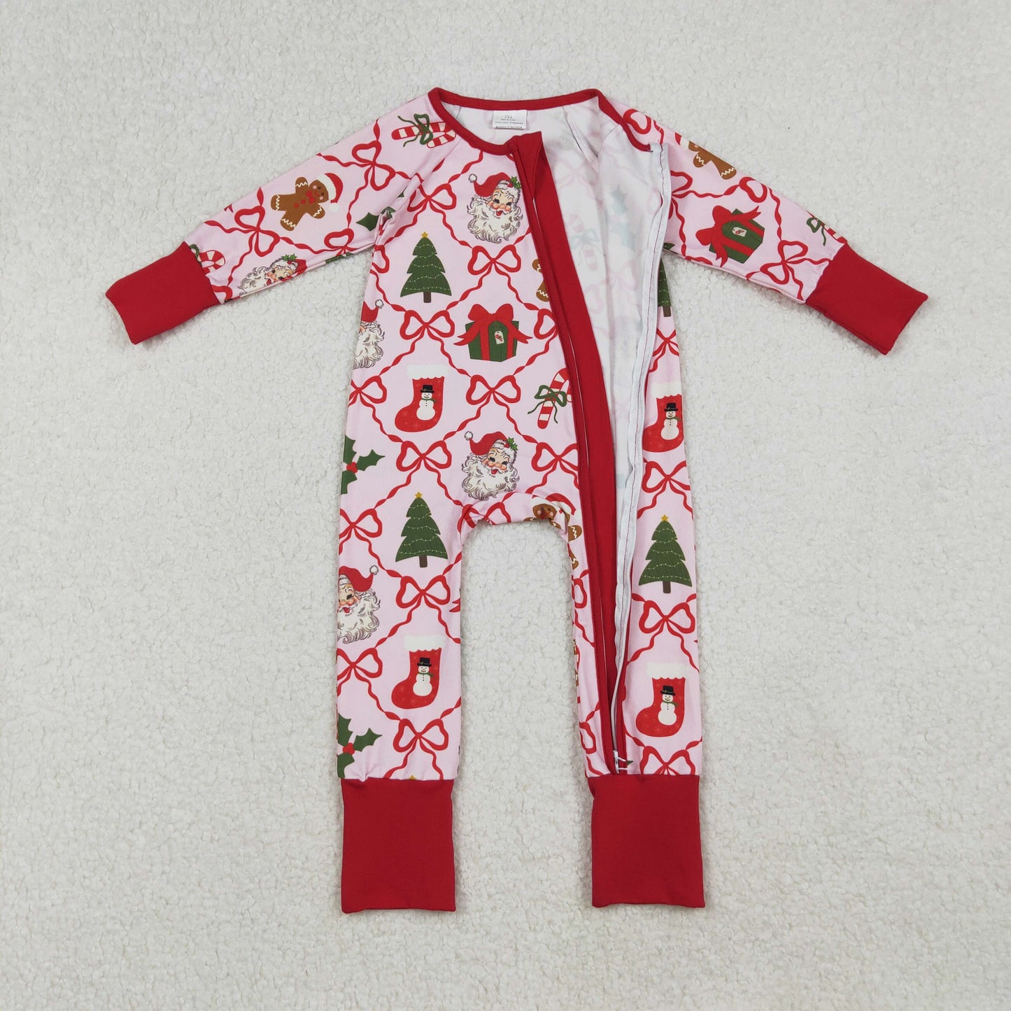 LR2632 Baby Girls Red Bows Santa Gifts Checked Christmas Zipper Footie Rompers  D 929