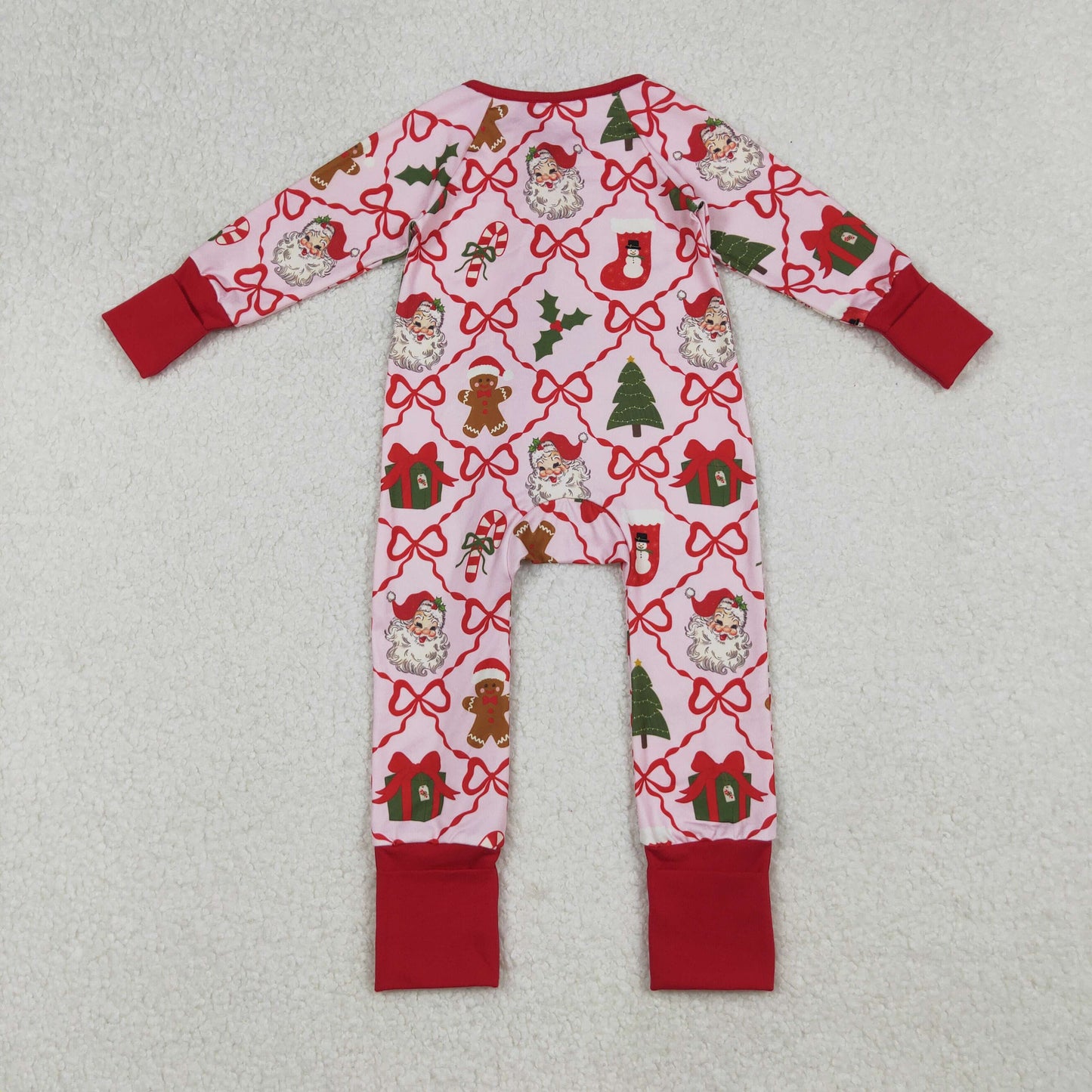 LR2632 Baby Girls Red Bows Santa Gifts Checked Christmas Zipper Footie Rompers  D 929