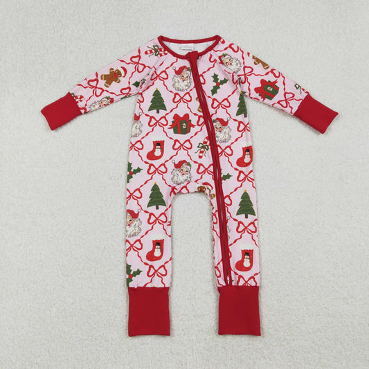 LR2632 Baby Girls Red Bows Santa Gifts Checked Christmas Zipper Footie Rompers D 929