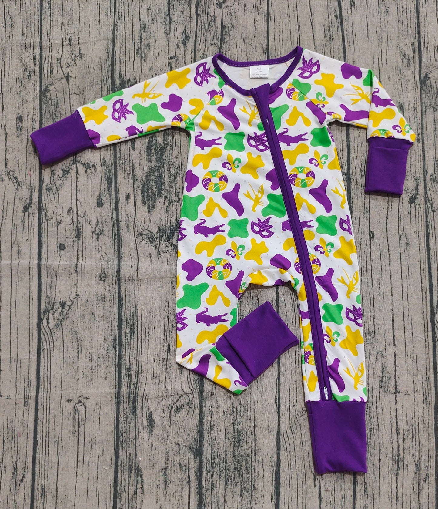 presale  LR2637 Baby Boys Purple Yellow Green Camo Crayfishes Mardi Gras Zipper Footie Rompers    D 922