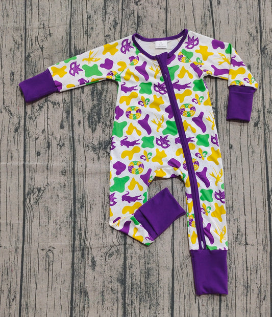 presale LR2637 Baby Boys Purple Yellow Green Camo Crayfishes Mardi Gras Zipper Footie Rompers D 922
