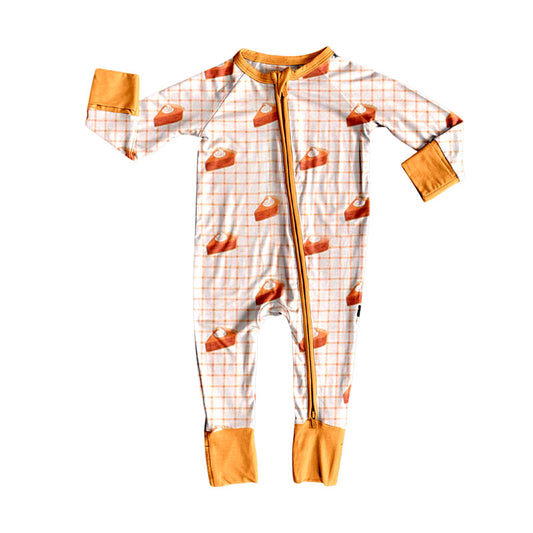 presale LR2639 Baby Boys Orange Checked Pie Thanksgiving Zipper Footie Rompers  D 909