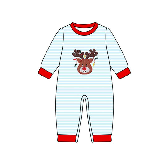 presale LR2640 Baby Boys Blue Stripe Deer Lights Christmas Footie Rompers  D 909