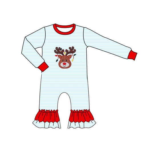 presale LR2641  Baby Girls Blue Stripe Deer Lights Christmas Ruffle Footie Rompers  D 909