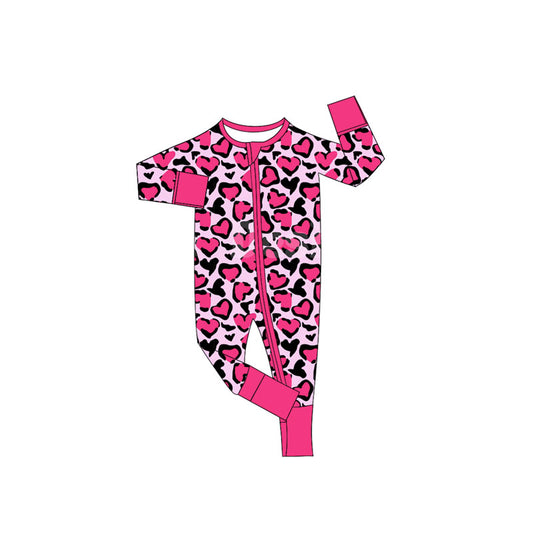 presale LR2644 Baby Girls Hot Pink Black Hearts Leopard Valentine Zipper Footie Rompers D 909