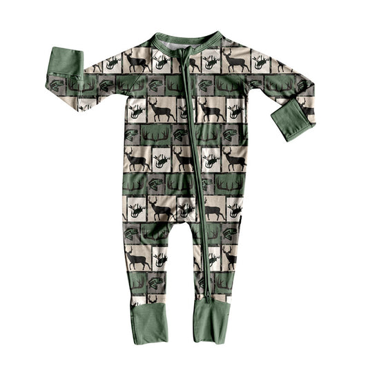 presale LR2645 Baby Boys Green Deer Fishes Checked Western Hunting Zipper Footie Rompers  D 909