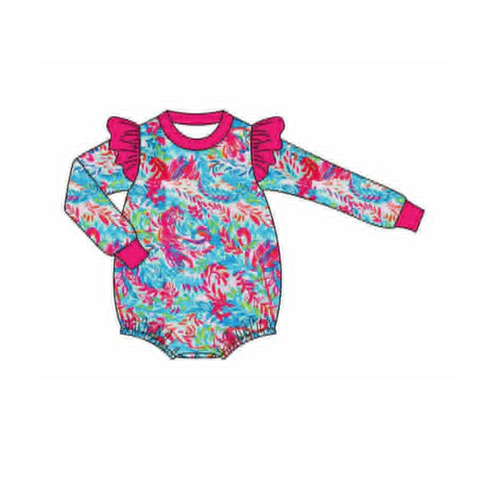 presale LR2646 Baby Girls Pink Watercolor Floral Ruffle Sleeve Rompers D 910