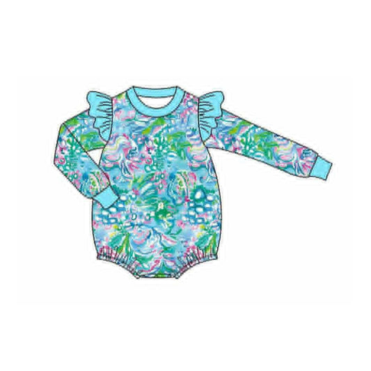 presale LR2647 Baby Girls Blue Watercolor Floral Ruffle Sleeve Rompers  D 910