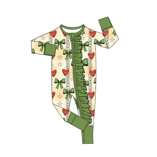 presale LR2648 Baby Girls Green Red Hearts Bows Christmas Ruffle Zipper Footie Rompers  D 910