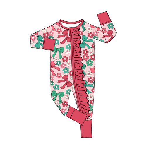 presale LR2649 Baby Girls Green Red Flowers Bows Christmas Ruffle Zipper Footie Rompers  D 910