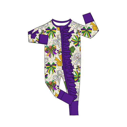 presale LR2650 Baby Girls Mardi Gras Anchors Bows Christmas Ruffle Zipper Footie Rompers D 910