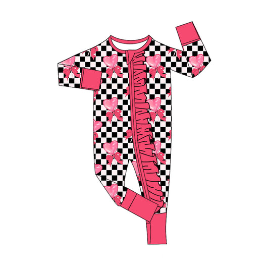 presale LR2651 Baby Girls Black Checked Hearts Bows Valentine Ruffle Zipper Footie Rompers D 910