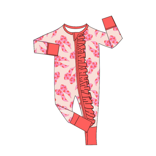 presale LR2652 Baby Girls Hearts Bows Valentine Ruffle Zipper Footie Rompers D 911