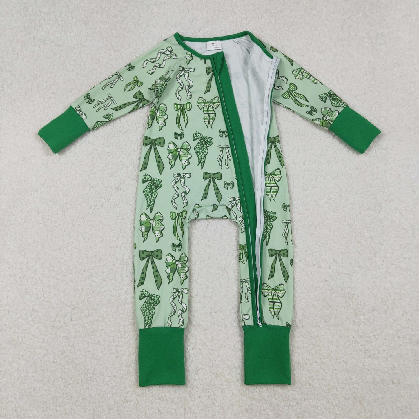 LR2654 Baby Boys Green Clover Bows St Patrick Zipper Footie Rompers  D 911