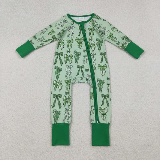LR2654 Baby Boys Green Clover Bows St Patrick Zipper Footie Rompers  D 911