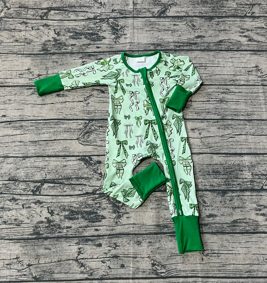 presale LR2654 Baby Boys Green Clover Bows St Patrick Zipper Footie Rompers  D 911