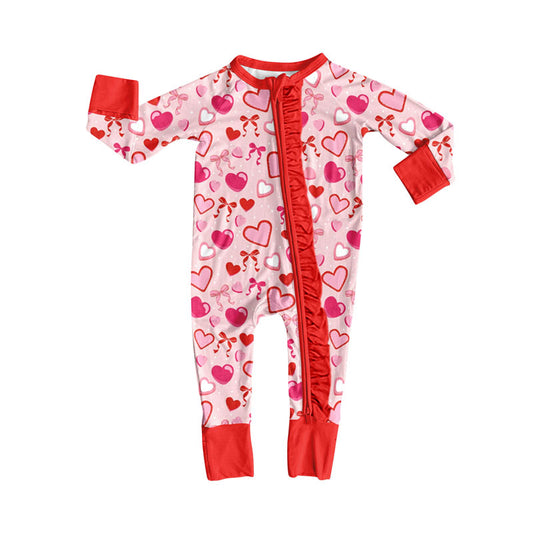presale LR2655 Baby Girls Pink Hearts Bows Valentine Ruffle Zipper Footie Rompers D 911