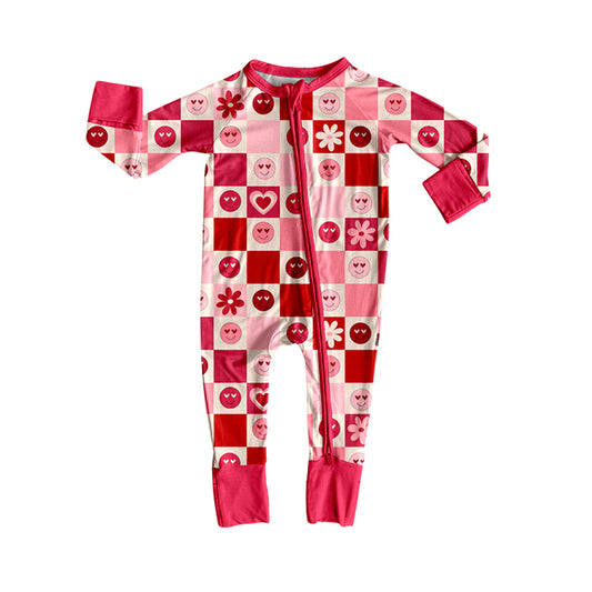 presale LR2656 Baby Girls Pink Hearts Smiles Checked Valentine Zipper Footie Rompers  D 911