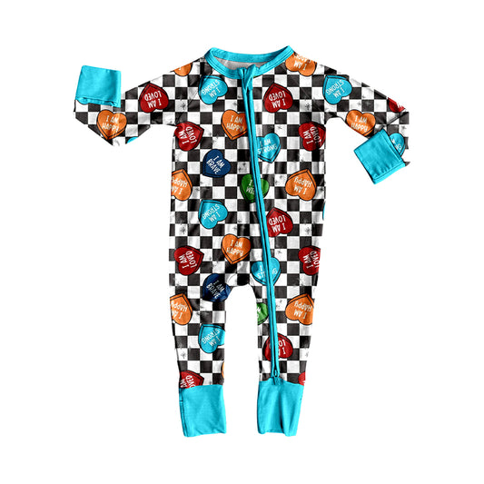 presale LR2657 Baby Boys Black Checked Hearts Valentine Zipper Footie Rompers D 911