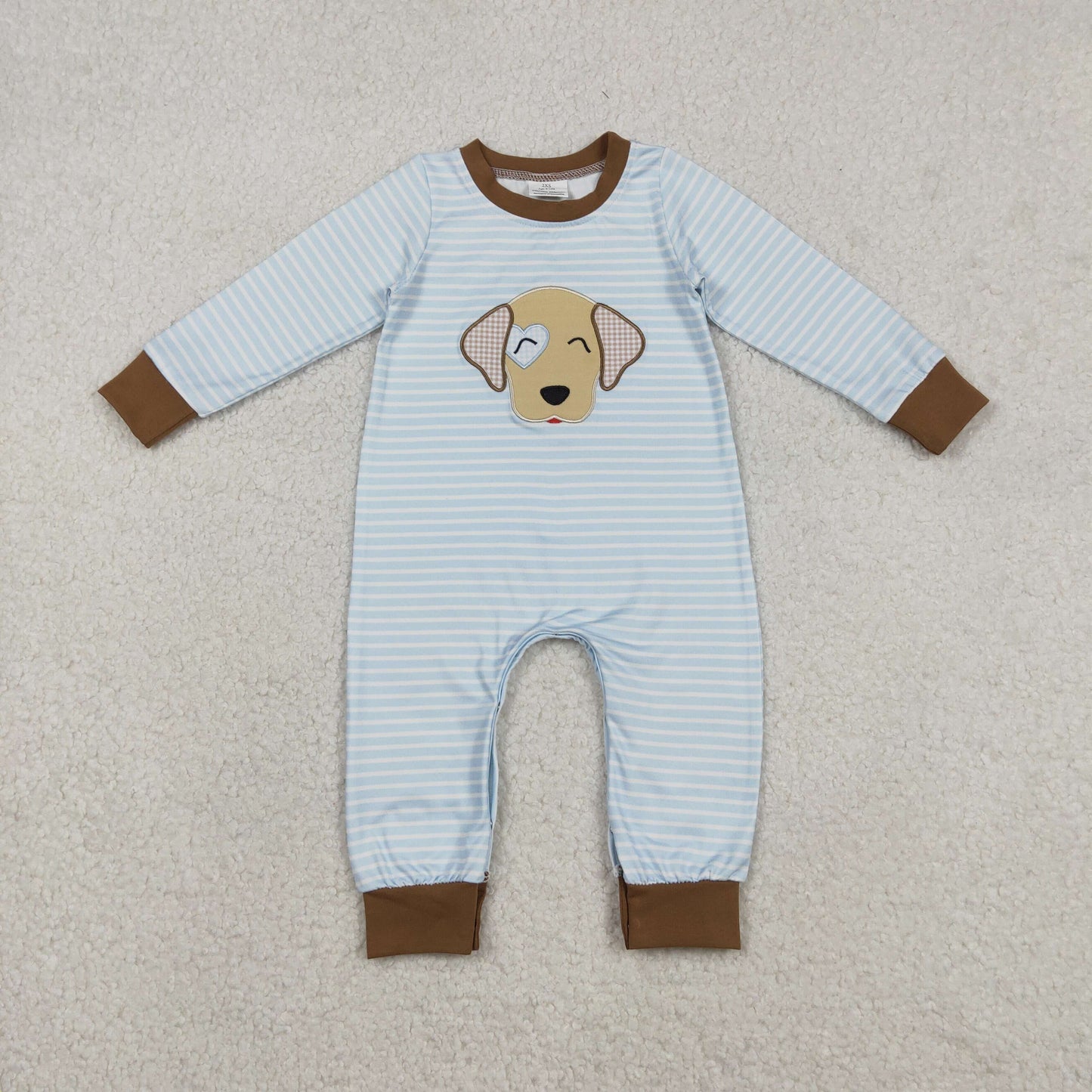 Valentine's Day Embroidery Dog Baby Boys Blue Stripe Footie Rompers Cute Infant Boys Outfit with Footies for Cozy Wear