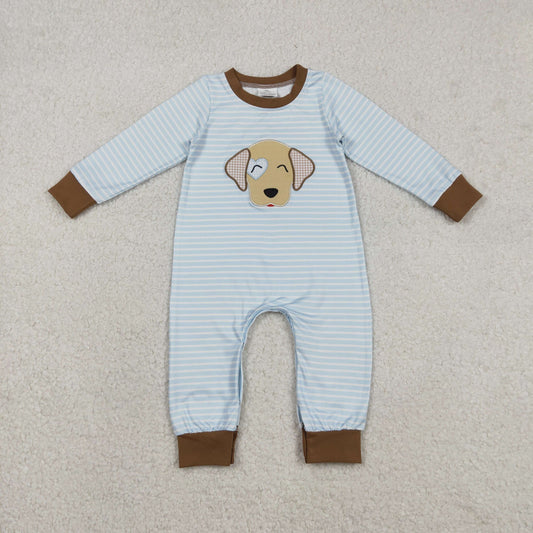 Valentine's Day Embroidery Dog Baby Boys Blue Stripe Footie Rompers Cute Infant Boys Outfit with Footies for Cozy Wear