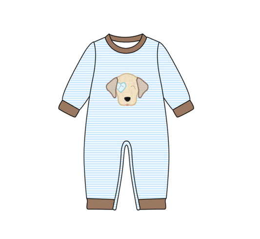 presale LR2659  Baby Boys Blue Stripe Heart Dog Valentine Footie Rompers D 911