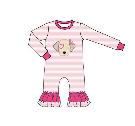 presale LR2660 Baby Girls Pink Stripe Heart Dog Valentine Ruffle Footie Rompers D 911