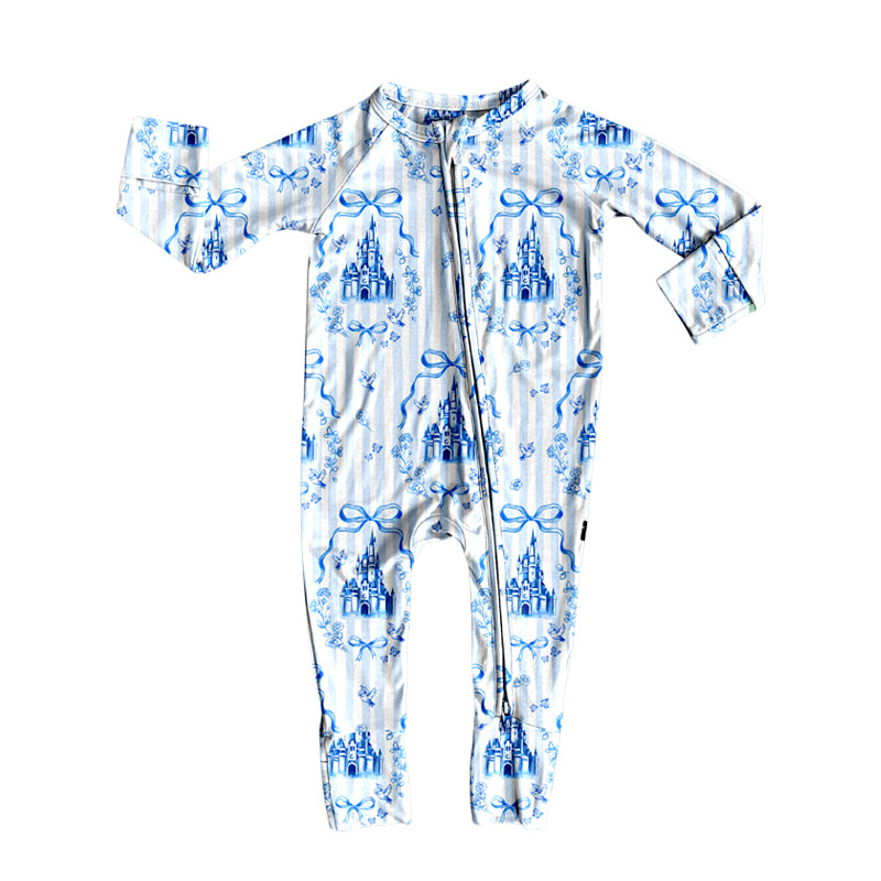LR2661 Baby Girls Blue Stripe Bows Castles Zipper Footie Rompers  D 1210