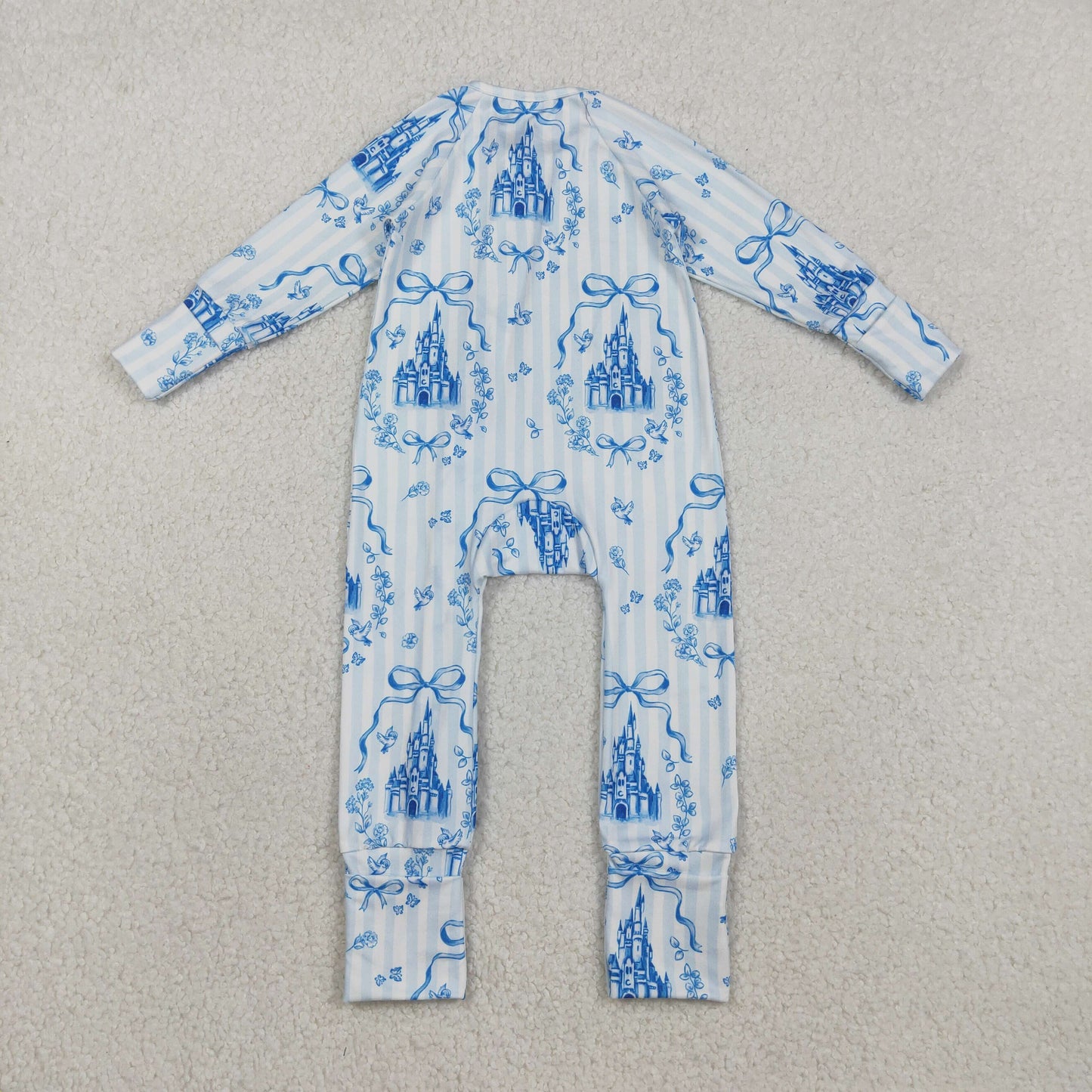 LR2661 Baby Girls Blue Stripe Bows Castles Zipper Footie Rompers  D 1210