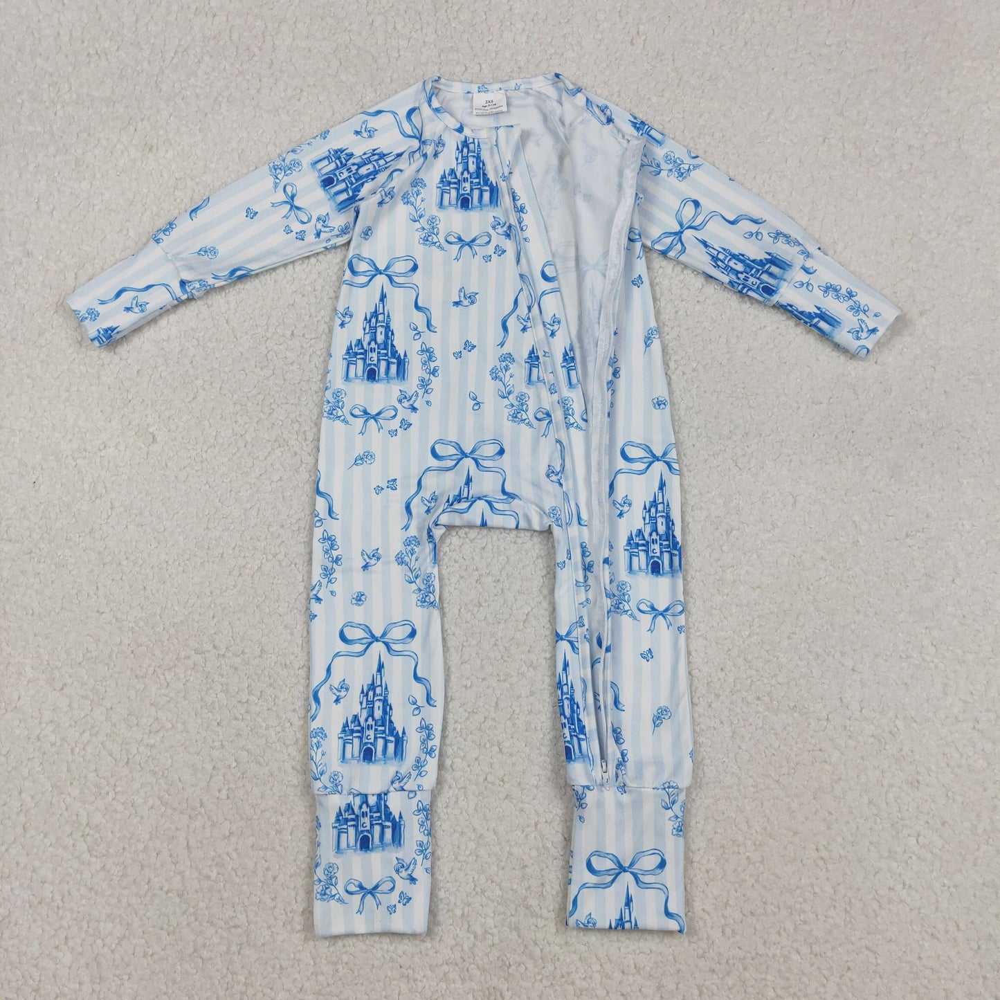 LR2661 Baby Girls Blue Stripe Bows Castles Zipper Footie Rompers  D 1210