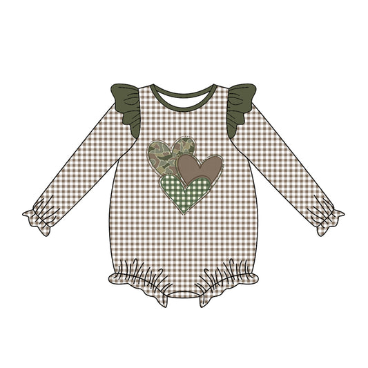 presale LR2663  Baby Girls Green Checked Camo Hearts Valentine Ruffle Rompers  D 912