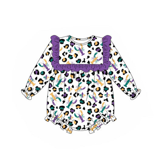 presale LR2666 Baby Girls Mardi Gras Leopard Crayfishes Ruffle Rompers D 912
