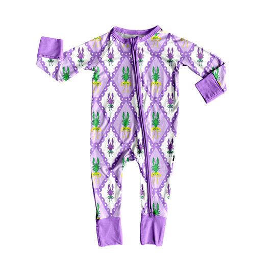 presale LR2667 Baby Girls Mardi Gras Crayfishes Checked Zipper Footie Rompers   D 912