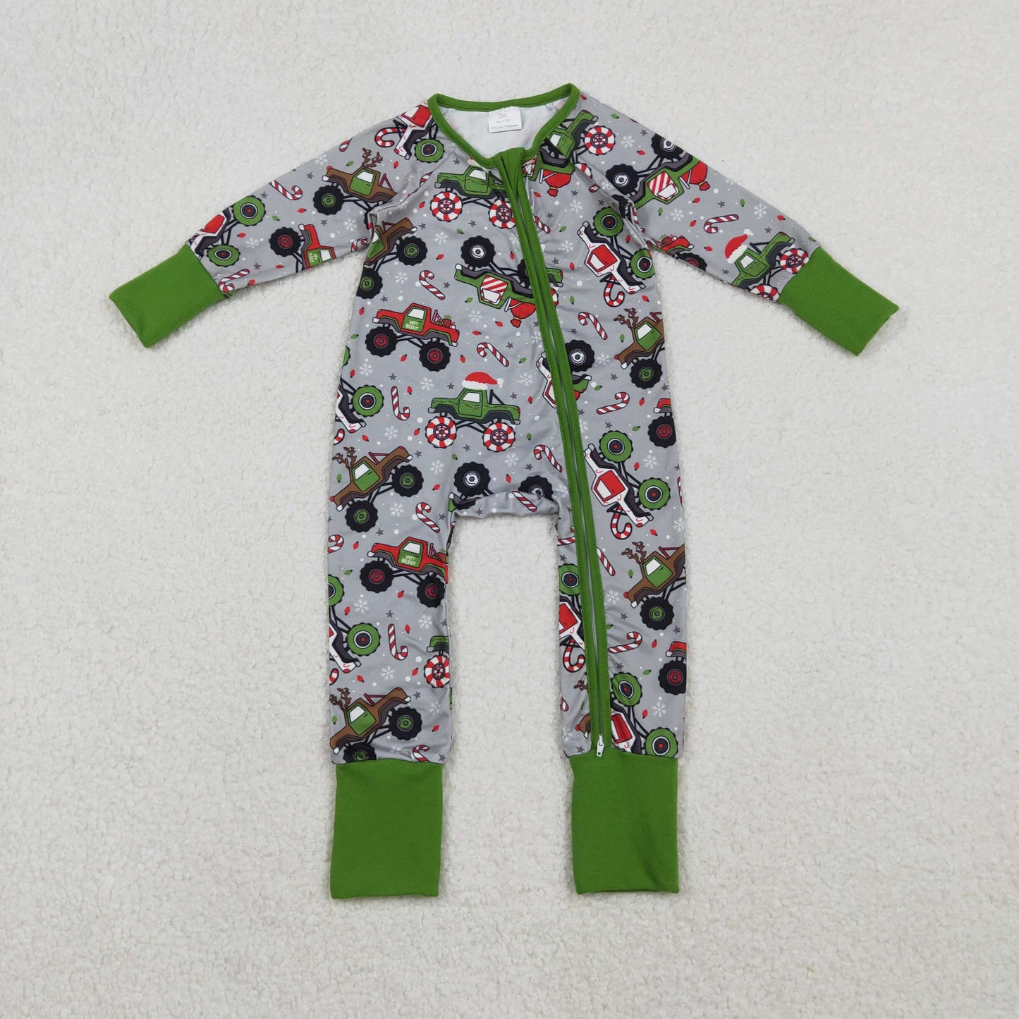 LR2669 Baby Boys Trucks Candy Cane Christmas Zipper Footie Rompers  D 1110