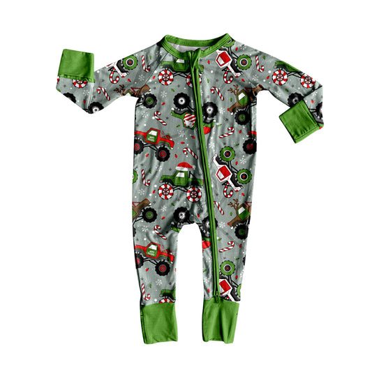 presale LR2669 Baby Boys Trucks Candy Cane Christmas Zipper Footie Rompers  D 912