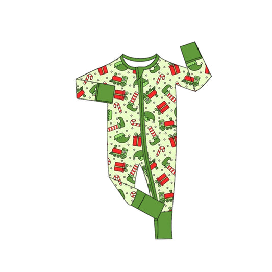 presale LR2670 Baby Boys Green Hats Candy Cane Christmas Zipper Footie Rompers  D 912