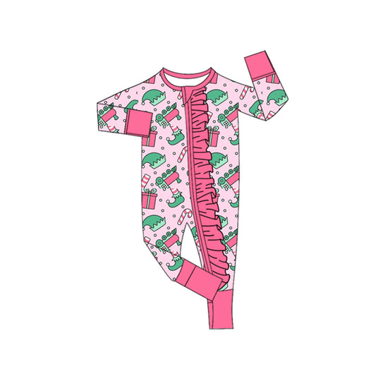 presale LR2671 Baby Girls Hats Candy Cane Christmas Ruffle Zipper Footie Rompers  D 912
