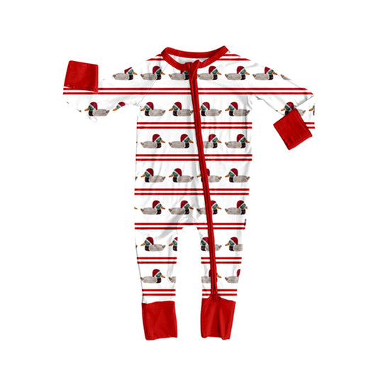 presale LR2672 Baby Boys Red Stripe Hats Ducks Christmas Zipper Footie Rompers  D 912