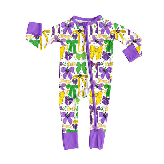 presale LR2673 Baby Boys Purple Yellow Green Bows Mardi Gras Zipper Footie Rompers  D 912