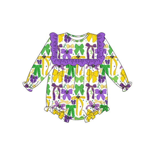 presale LR2674 Baby Girls Purple Yellow Green Bows Mardi Gras Ruffle Rompers  D 912